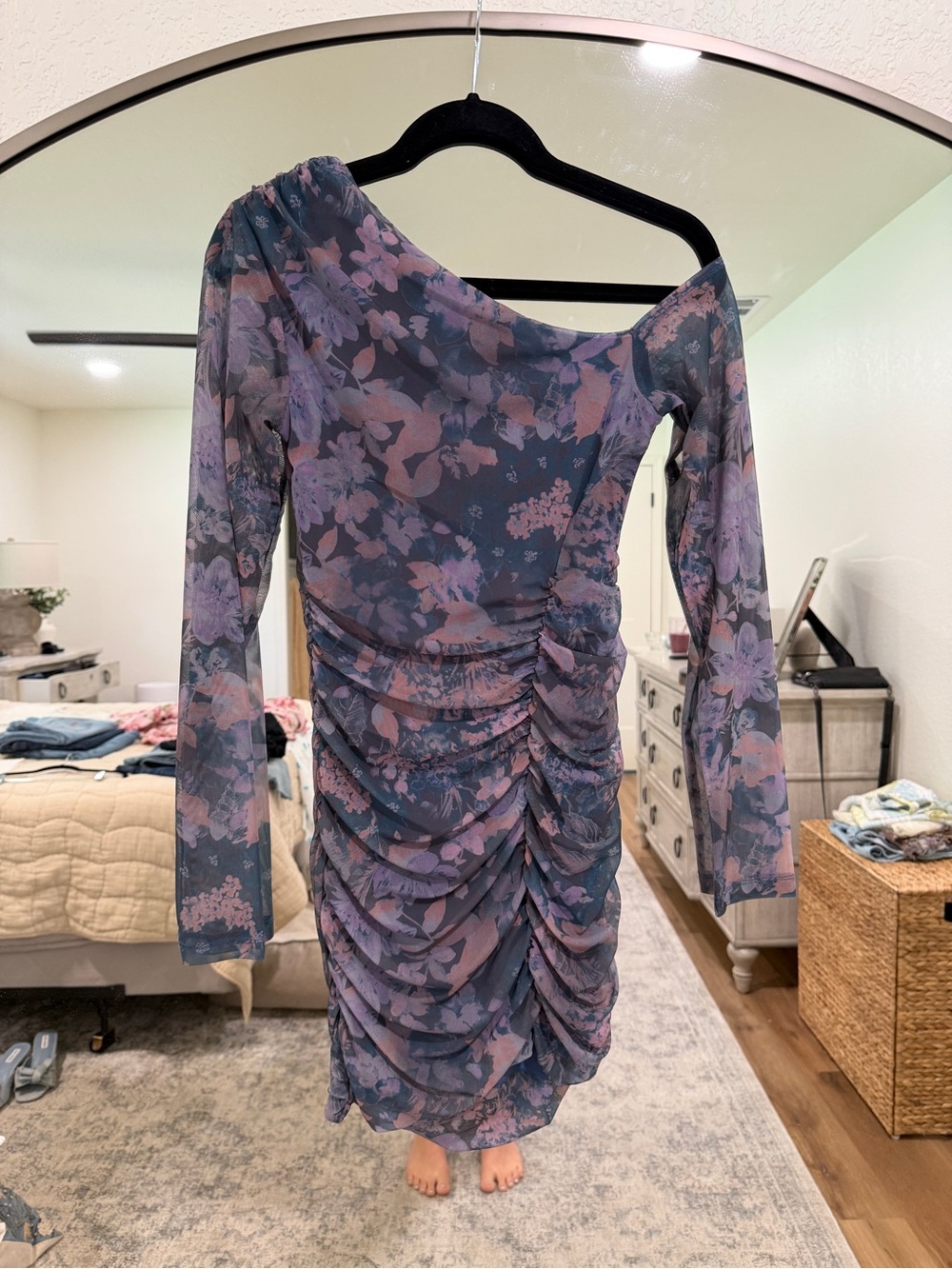 Free People One-Shoulder Floral Ruched Dress - Navy Lavender Pink